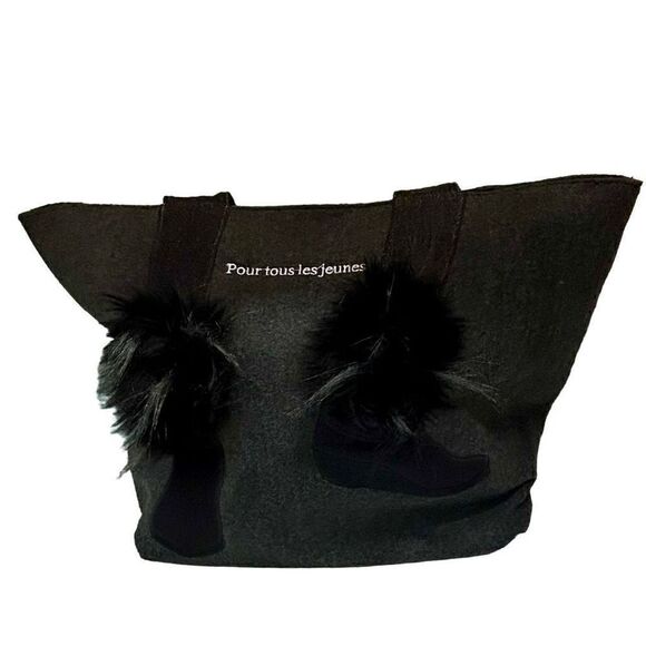 Sondra Roberts Square Large Dark Gray Tote with Black Booties Faux Fur Trim Wine - Picture 9 of 14